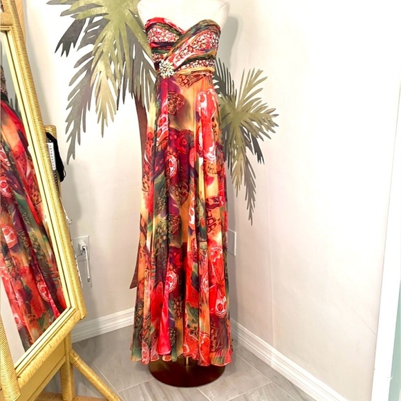 Frenchy by Heather French, Henry Mardi Gras Boho Strapless Chiffon Gown,Size 4 - Picture 1 of 15